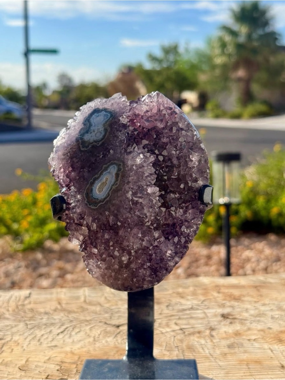 Large Sparkly Uruguayan Amethyst Stalactite Druzy Geode Freeform on Metal Stand